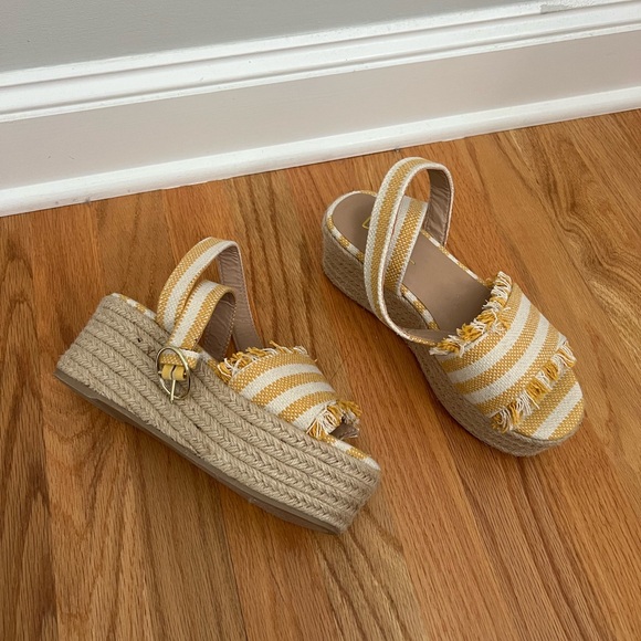 Lulus Shoes - Lulus Espadrille Platform Sandals Daphnie Yellow and Beige Striped Espadrilles